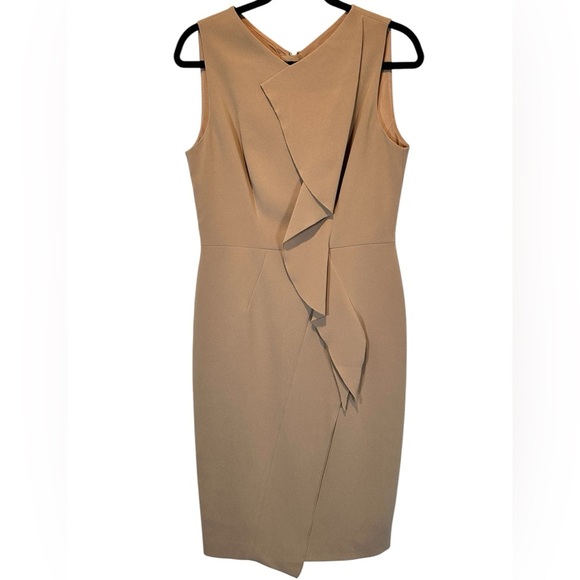 A131 Karen Millen Camel Sculpted Draped Sheath Dress | Size US 8 | Worn on TV! - Picture 4 of 11